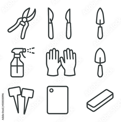 Gardening Tool Icons. Outline icon set of cutting tools: pruning shears, scalpel, rooting knife, sterilizing spray bottle, gloves,