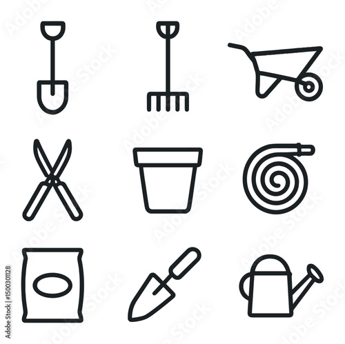 Gardening Tool Icons. Outline icon set of landscaping and gardening: shovel, rake, wheelbarrow, hedge shears, plant pot, garden