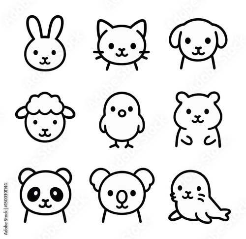 Gentle Animals Icons. Outline icon set of gentle animals: bunny, kitten, puppy, lamb, chick, hamster, panda, koala, seal pup. Line