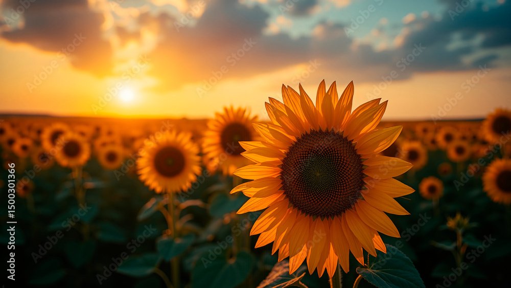 Fototapeta premium Vibrant Sunflower Field Under Dramatic Sunset Lighting, Expansive Composition