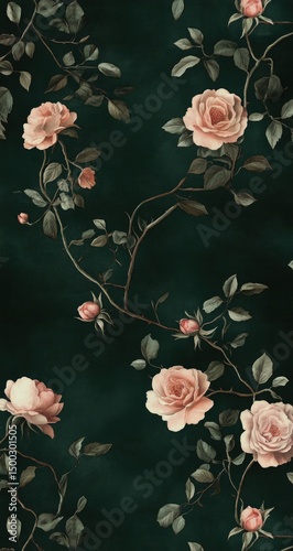 Wallpaper Mural Dark teal background with many light pink roses and foliage Torontodigital.ca
