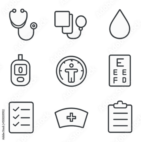 Health Screening Icons. Outline icon set of fitness class offerings: yoga mat, dumbbell, kettlebell, aerobic step, spin bike,
