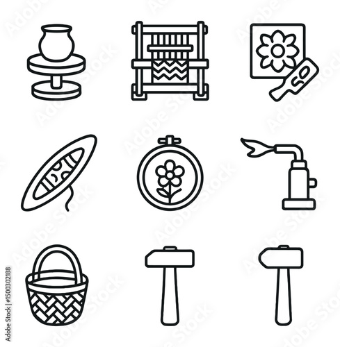Heritage Crafts Icons. Outline icon set of heritage crafts: pottery wheel, weaving loom, carving chisel, woodblock, shuttle,