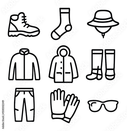Hiking Gear Icons. Outline icon set of hiking footwear and apparel: hiking boots, trail socks, sun hat, fleece jacket, raincoat,