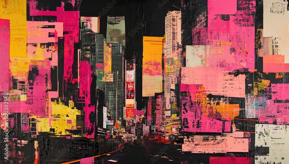Fototapeta premium A vibrant, mixed-media cityscape. Layered urban forms with bold, contrasting colors?pink, yellow, and black?and collaged textures dominate the scene