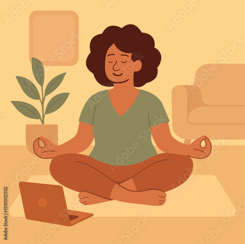 Online meditation at home.
A woman in the lotus position meditates in front of a laptop in a cozy room. An illustration about the home practice of mindfulness and inner peace.