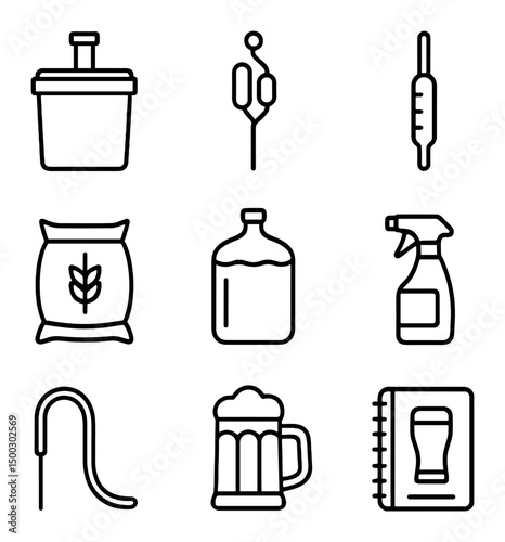 Homebrewing Icon Set. Outline icon set of homebrewing setup and mug: fermentation bucket, airlock, hydrometer, grain malt bag,