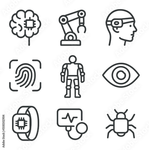 Human-Machine Integration Icons. Outline icon set of human–machine integration: brain implant, robotic arm, neural interface