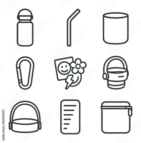 Hydro Flask Icon Set. Outline icon set of cake topper placement: acrylic topper, wooden stick, bride silhouette, groom silhouette,