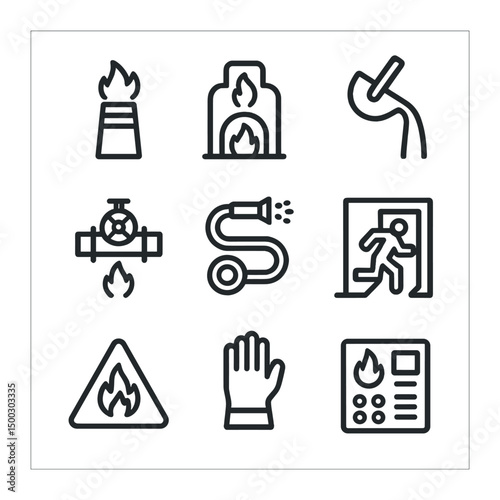 Industrial Safety Icons. Outline icon set of industrial blaze: factory chimney, burning furnace, molten metal, safety valve,