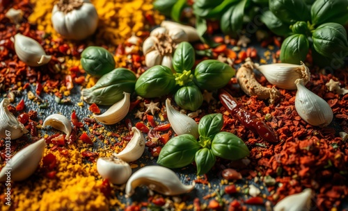 A culinary canvas of vibrant hues and fragrant herbs where garlic cloves red pepper flakes and fresh basil lay scattered amidst a kaleidoscope of spices and herbs inviting the viewer into the realm of