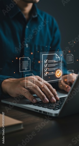 Digital document management with semitransparent checklist icons on laptop screen