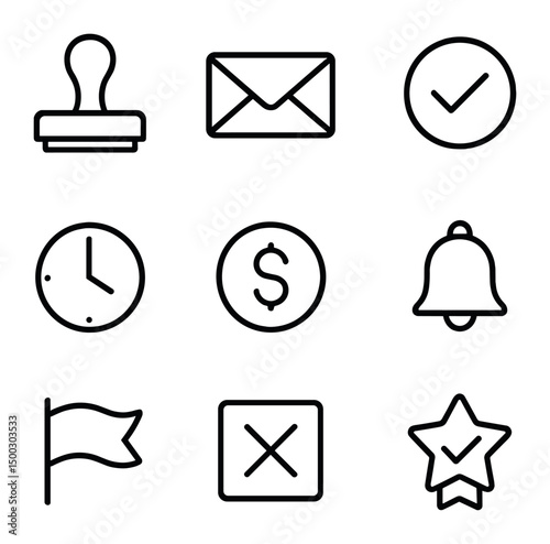 Invoice Status Icons. Outline icon set of material cost breakdown: PVC pipe, copper tubing, elbow fitting, ball valve, gasket seal
