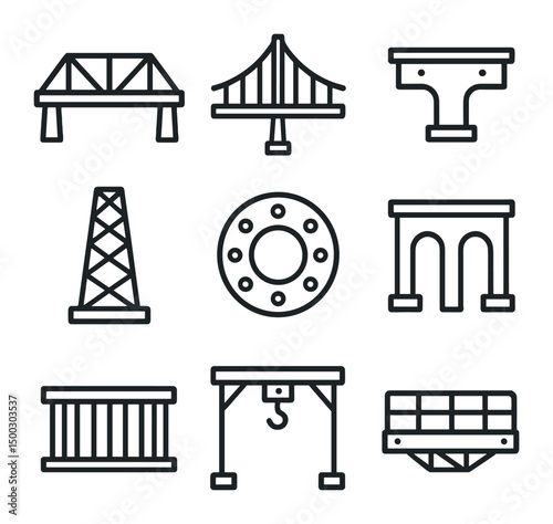 Iron Bridge Icons. Outline icon set of iron bridges and structures: truss bridge, suspension bridge cable, girder beam, lattice