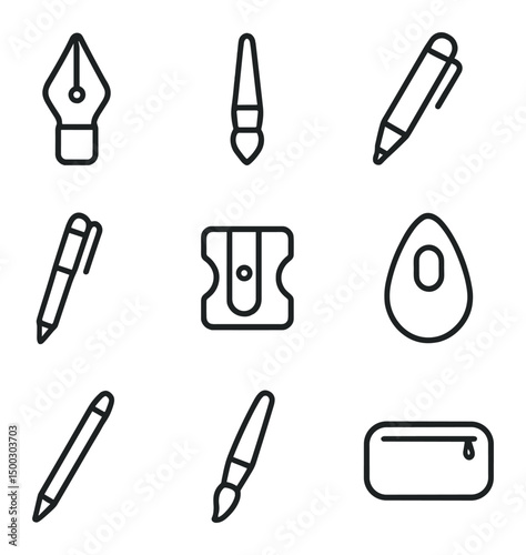 Journaling Tools Icons. Outline icon set of journaling tools: calligraphy nib, watercolor brush, gel pen, fineliner, pencil