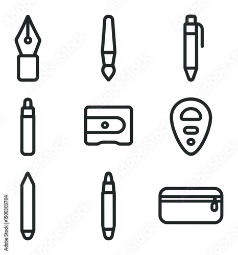 Journaling Tools Icons. Outline icon set of journaling tools: calligraphy nib, watercolor brush, gel pen, fineliner, pencil