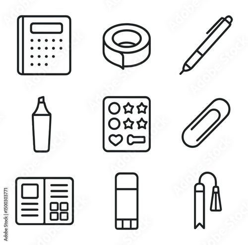 Journaling Icon Set. Outline icon set of Hydro Flask culture: reusable water bottle, metal straw, silicone sleeve, carabiner clip,