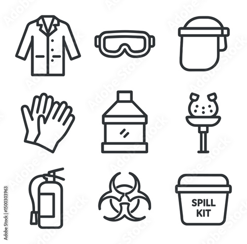 Lab Safety Icon Set. Outline icon set of laboratory safety gear: lab coat, safety goggles, nitrile gloves, face shield, fume hood,