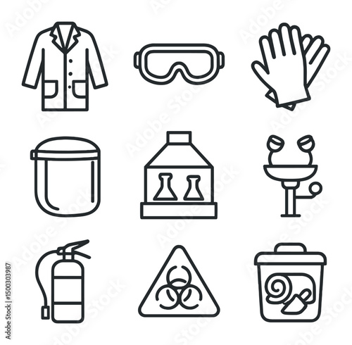 Lab Safety Icon Set. Outline icon set of laboratory safety gear: lab coat, safety goggles, nitrile gloves, face shield, fume hood,