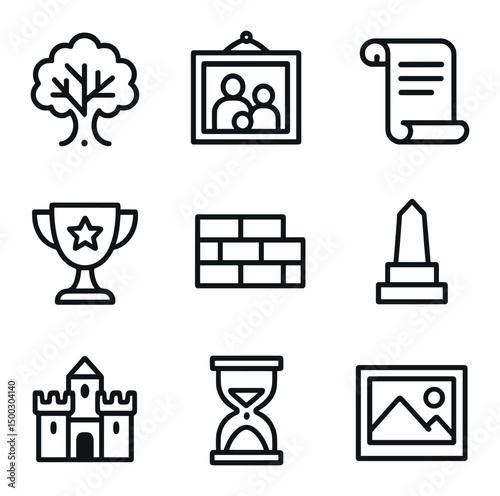 Legacy Icon Set. Outline icon set of legacy building: tree, family portrait, scroll, trophy, brick wall, monument, castle,