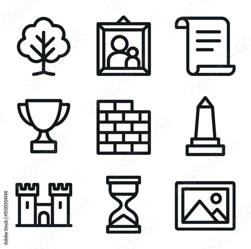Legacy Icon Set. Outline icon set of career exploration: briefcase, roadmap, telescope, resume, office building, handshake, ladder