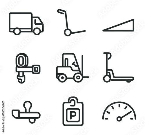 Loading Icon Set. Outline icon set of loading and transportation: moving truck, dolly, ramp, tie-down strap, forklift, pallet jack