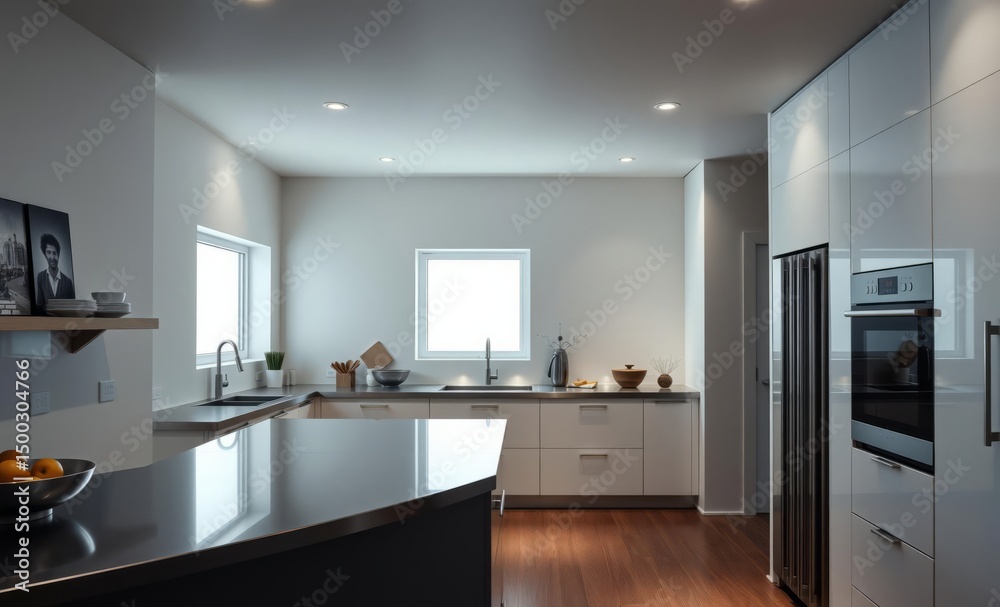 Fototapeta premium A sleek minimalist kitchen where stainless steel countertops met glossy white cabinets and a minimalist island served as the heart of culinary activity 