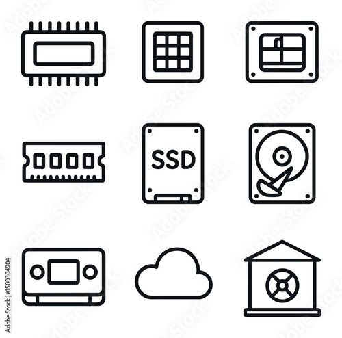 Memory Storage Icons. Outline icon set of memory hierarchy: register, L1 cache, L2 cache, RAM module, SSD drive, HDD platter, tape