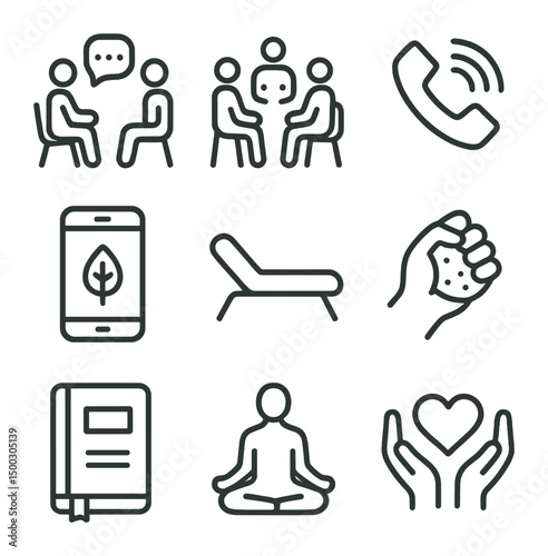 Mental Health Icon Set. Outline icon set of mental health support: counseling session, support group, helpline phone, mindfulness