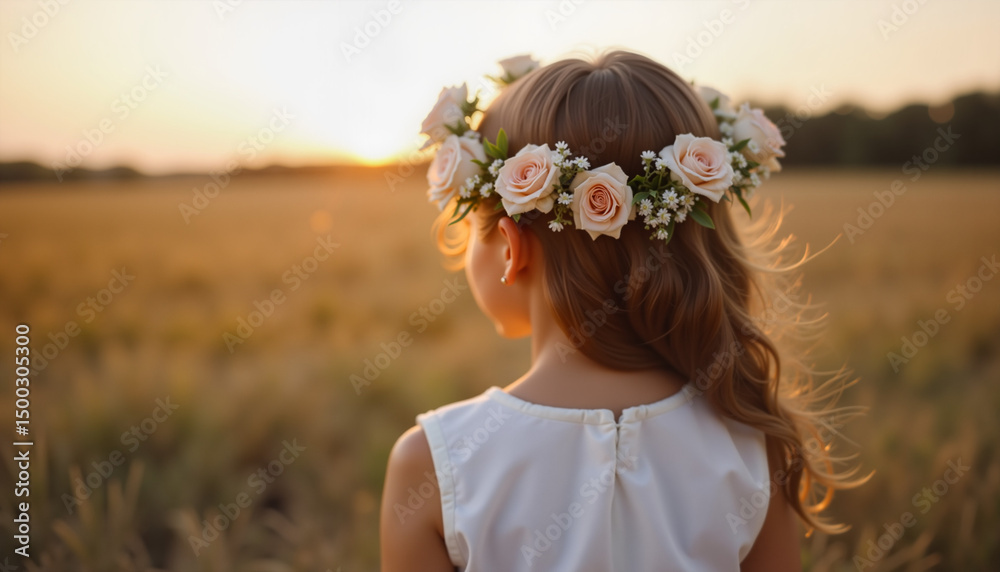 Naklejka premium Young girl with flower crown standing in a field during sunset 