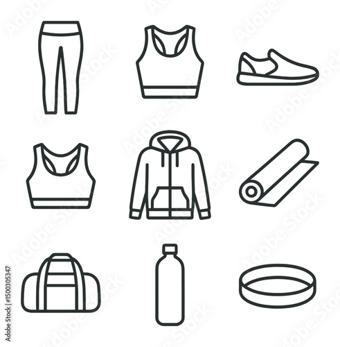 Minimalist Athleisure Icons. Outline icon set of minimalist athleisure: seamless leggings, racerback top, slip-on sneakers, sports