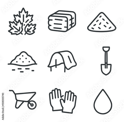 Mulching Icon Set. Outline icon set of mulching and ground cover: leaf mulch, straw bale, wood chip pile, compost cover,