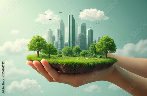 Hands holding eco-city with skyscrapers, trees, grass, sky, birds. Concept of environmental protection, sustainability, green urban living, safe future. Modern eco-friendly city development with photo
