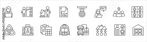 Business and management icon set. Contains symbol of businessman, target, leadership, progress, holiday, data, stock, market, accounting, training, resource, finance, service. Vector illustration