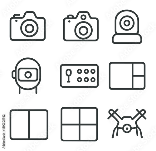Multi-Camera Icon Set. Outline icon set of multi-camera setups: camera A, camera B, PTZ camera, virtual camera, scene switcher,