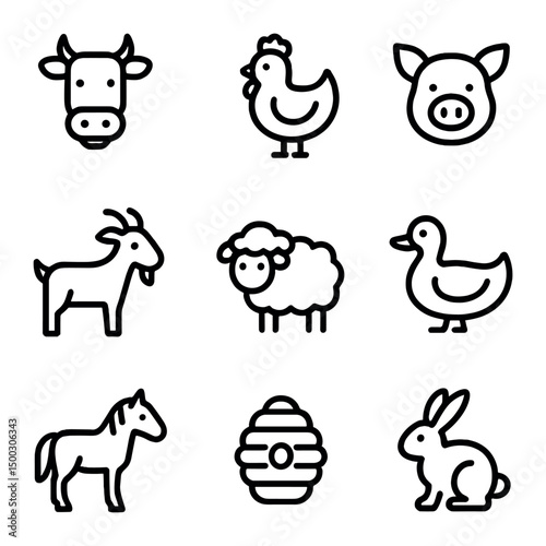 Farm Animal Icons. Outline icon set of farm animals: cow, chicken, pig, goat, sheep, duck, horse, bee hive, rabbit. Line icons