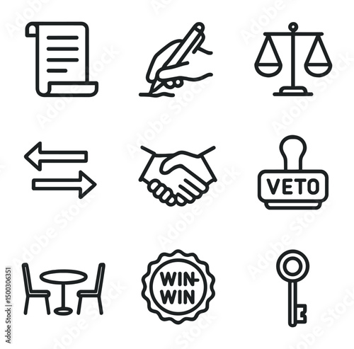 Negotiation Icons Set. Outline icon set of negotiation and closing deals: contract scroll, pen signing, scales balance,