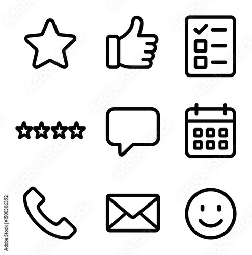 Feedback Icon Set. Outline icon set of follow-up and feedback: feedback star, thumbs up, survey form, five-star rating, comment