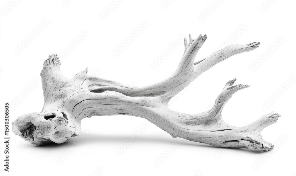 Fototapeta premium Old white dead tree branch isolated on white background. AI generated illustration.