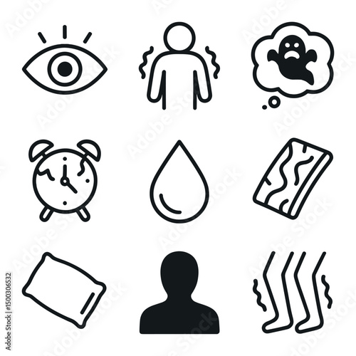 Night Terror Icons. Outline icon set of night terror motifs: wide eye, trembling body, nightmare cloud, broken alarm clock, sweat