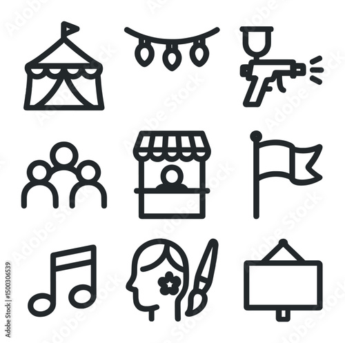 Festival Icon Set. Outline icon set of festival painting booth: carnival tent, string lights, spray paint gun, crowd silhouette,