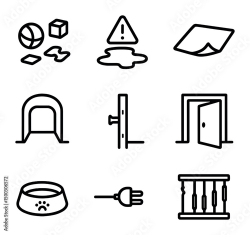 Nighttime Hallway Hazards Icons. Outline icon set of nighttime hazards in hallways: scattered toys, slippery puddle, loose rug