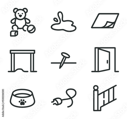 Nighttime Hallway Hazards Icons. Outline icon set of nighttime hazards in hallways: scattered toys, slippery puddle, loose rug