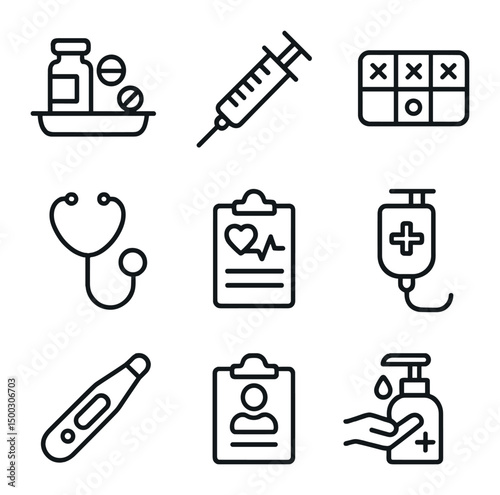 Nursing Care Icons. Outline icon set of nursing care activities: medication tray, syringe, pill organizer, stethoscope, vital