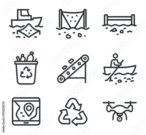 Ocean Cleanup Icons. Outline icon set of brush stroke textures: broad paint stroke, dry brush streak, smear smear, splatter drop,