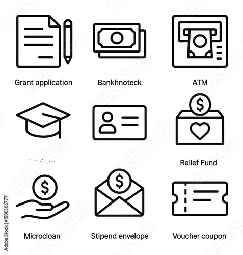 Financial Aid Icons. Outline icon set of financial assistance programs: grant application, banknote stack, ATM icon, scholarship
