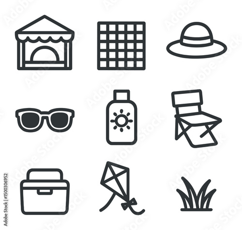 Open-Air Concert Icons. Outline icon set of open-air concert features: pavilion canopy, picnic blanket, sun hat, sunglasses,