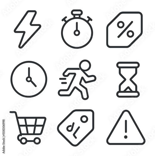 Flash Deal Icon Set. Outline icon set of flash deal alerts: lightning bolt, stopwatch, percentage tag, clock, running person,