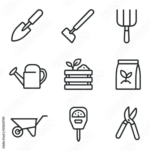 Organic Farming Tools Icons. Outline icon set of organic farming tools: hand trowel, hoe, pitchfork, watering can, compost bin,
