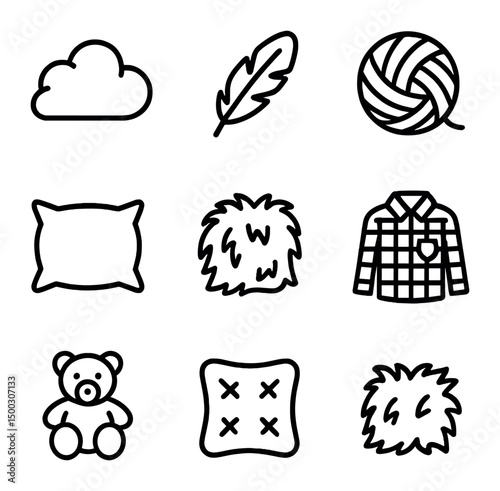Fluffy Texture Icons. Outline icon set of fluffy textures: cloud, feather, wool ball, sponge, down pillow, faux fur patch, flannel